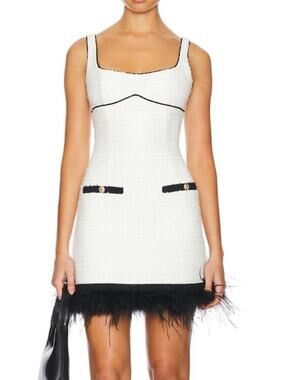 SAYLOR Velma Tweed Mini Dress Sequin Faux Feather Trim Sleeveless White Black
